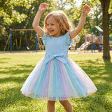 Girls' Ribbed Knit Tulle Dress with Sequins Flying Sleeves – Blue 5-6 yrs