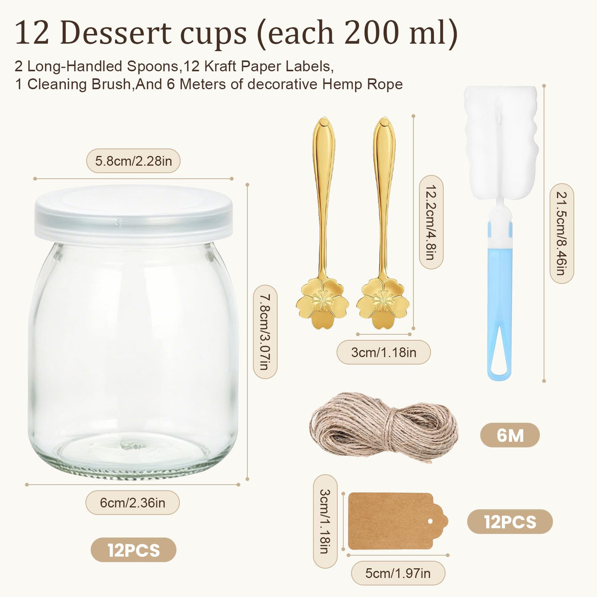 Dessert Jars 12-Pack 200ml with Lids Spoons & Labels - Clear
